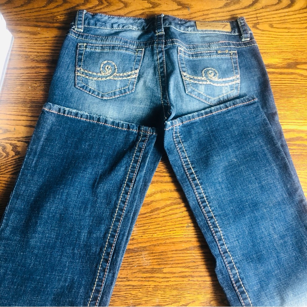 Seven 7 Womens Destructed Boot Cut Jeans Blue Med Wash Stretch Denim Sz 30